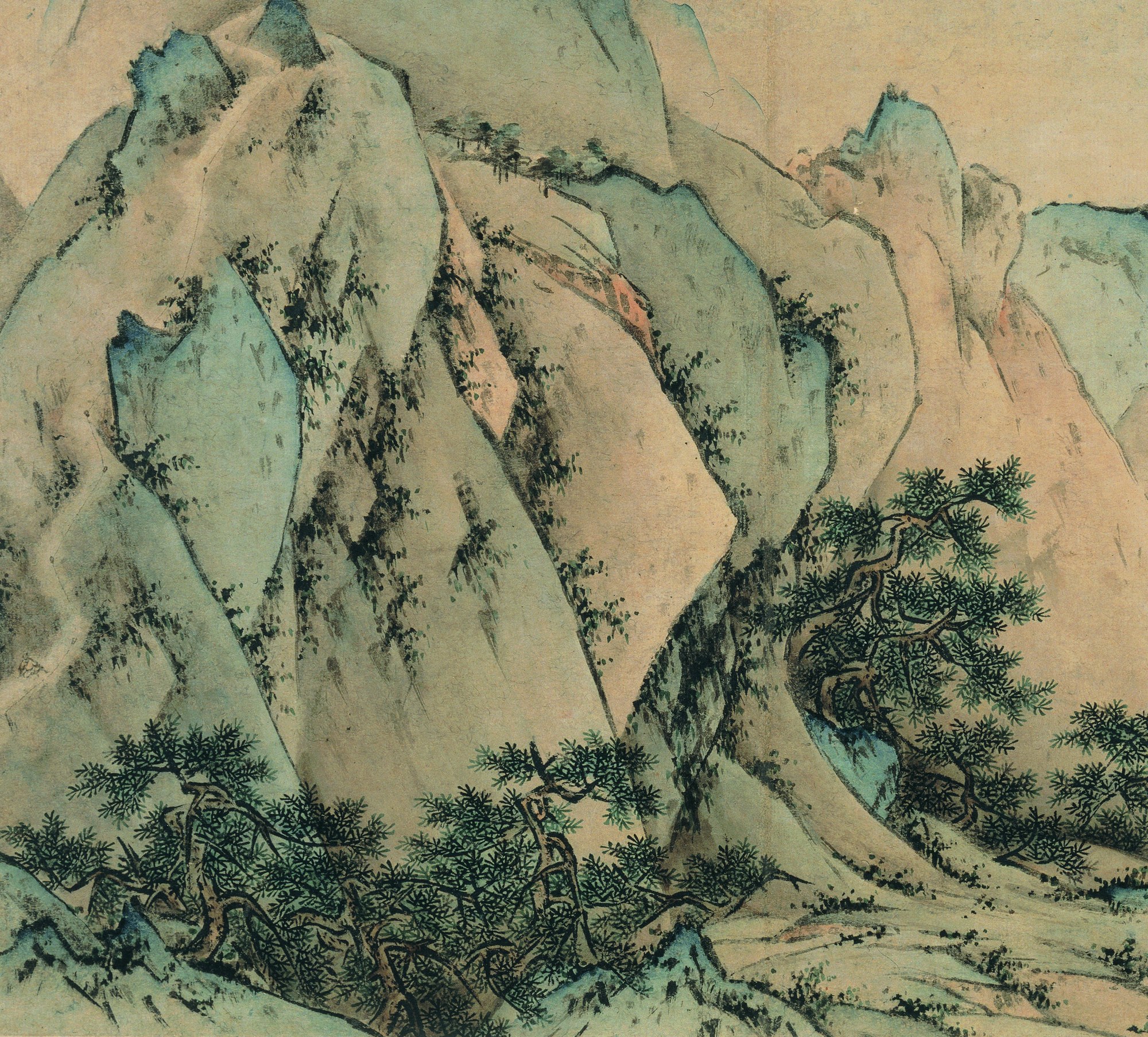 An ink-and-colour landscape of Mount Hua: towering pale blue-green rock walls riven by a dark vertical cleft, with wind-bent pines clustered at their base.