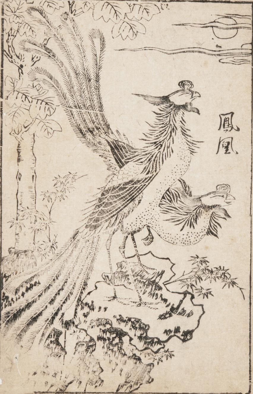 A single long-tailed fenghuang standing on a rock among wutong trees and bamboo, its head raised toward the sun and clouds at upper right, in a Ming woodblock line print; the characters 鳳凰 are inscribed beside it.